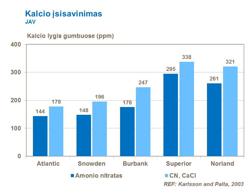 Dideli kalcio kiekiai gumbuose taip pat sumažina nubrozdinimų riziką derliaus nuėmimo metu ir vėliau – transportavimo metu. Remiantis JAV atliktais tyrimais, skirtingos bulvių veislės skirtingai įsisavina kalcį.