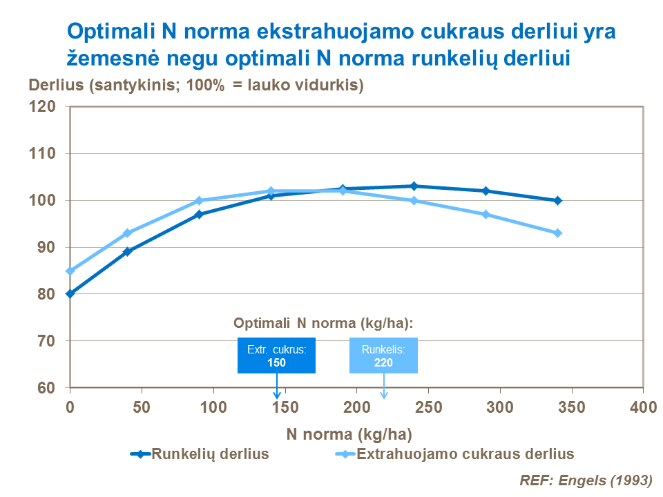Šie duomenys taip pat rodo, kad optimali azoto norma išgaunamo, ekstrahuojamo cukraus kiekio atžvilgiu, yra netgi mažesnė už optimalią azoto normą, įtakojančią cukrinių runkelių derlingumo rodiklį.